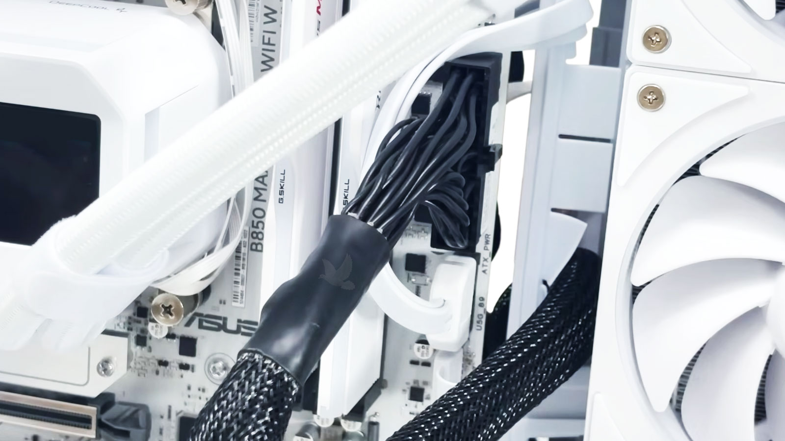 ASUS B850 motherboard being inspected for electrical damage near the 24-pin power connector