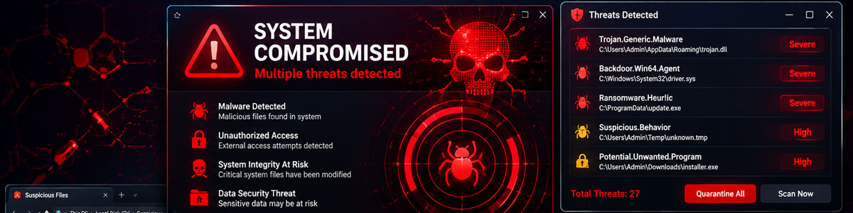 Compromised-Computer-System-Malware-Detection Compromised computer operating system showing suspicious files, malware alerts, corrupted processes, network threats, and critical security warnings