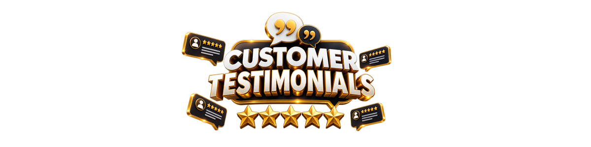 3D Customer Testimonials graphic with floating testimonial cards, client icons, quotation marks, and five gold stars