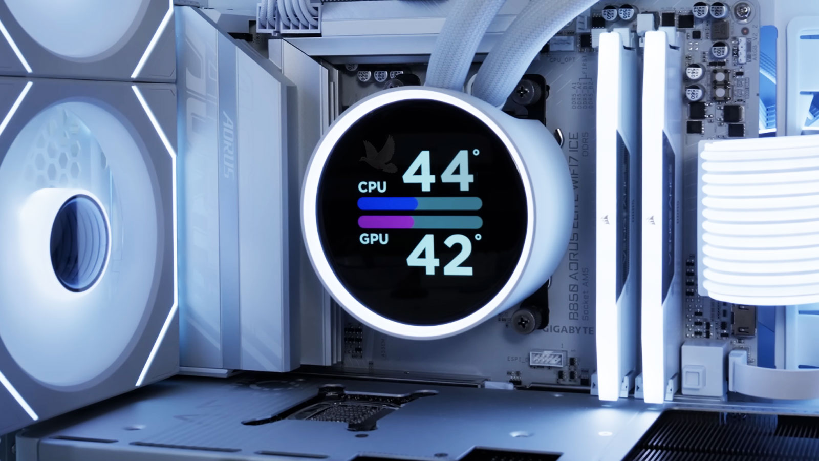 Liquid-cooled desktop computer displaying CPU and GPU temperatures during operation