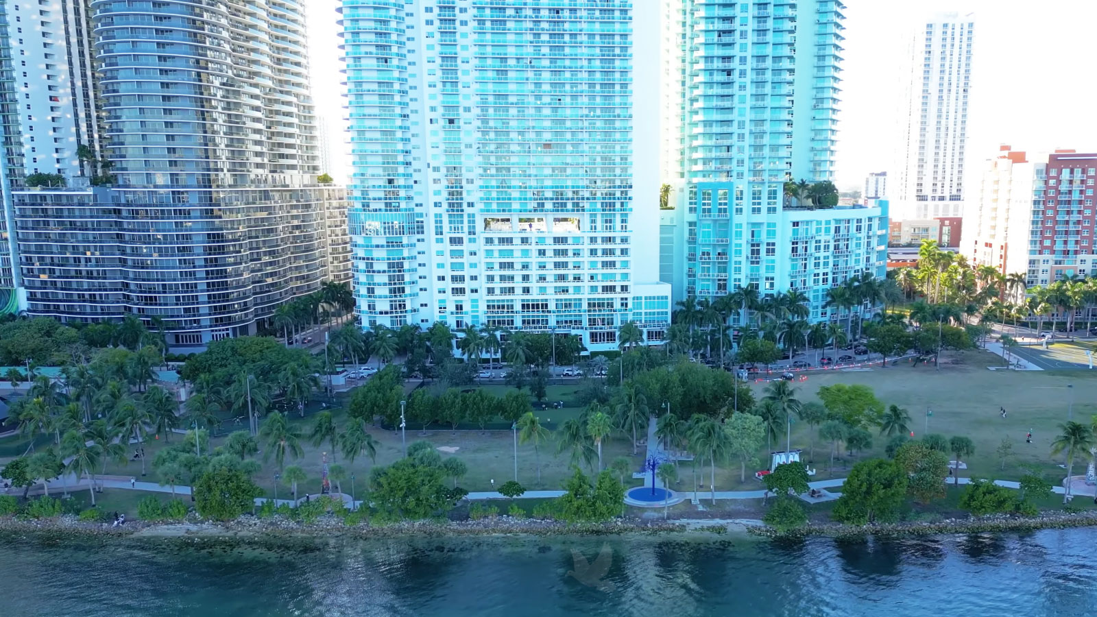 Edgewater Miami high-rise buildings directly along the waterfront overlooking Biscayne Bay
