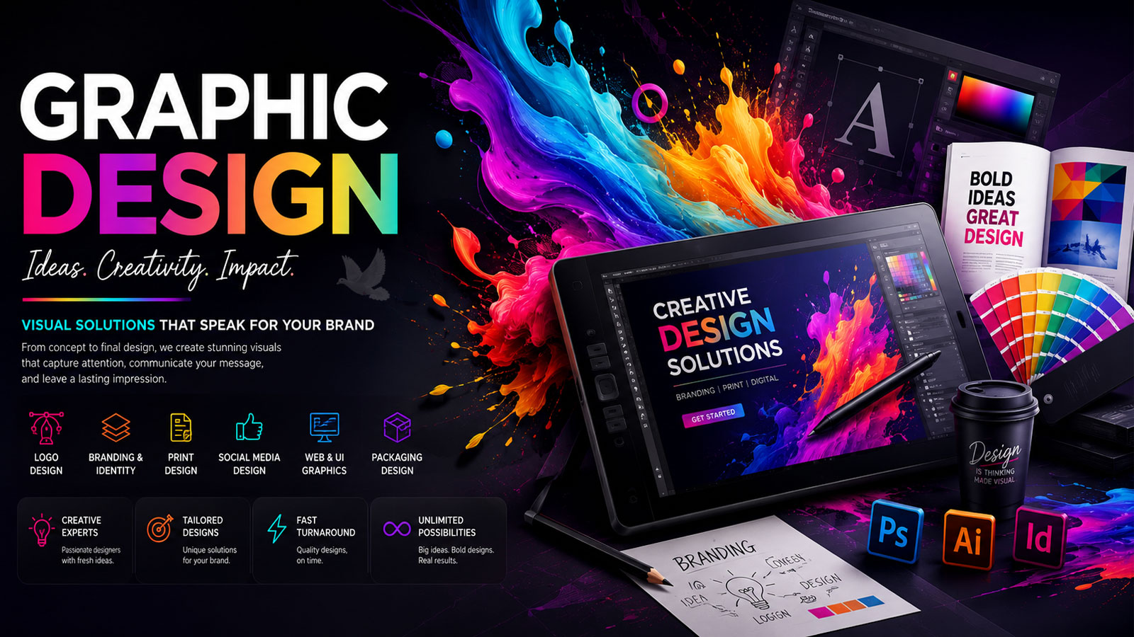 Graphic-Design-and-Creative-Visual-Solutions Graphic design workspace with vibrant artwork, digital design tablet, typography, color palettes, branding materials, and creative design tools