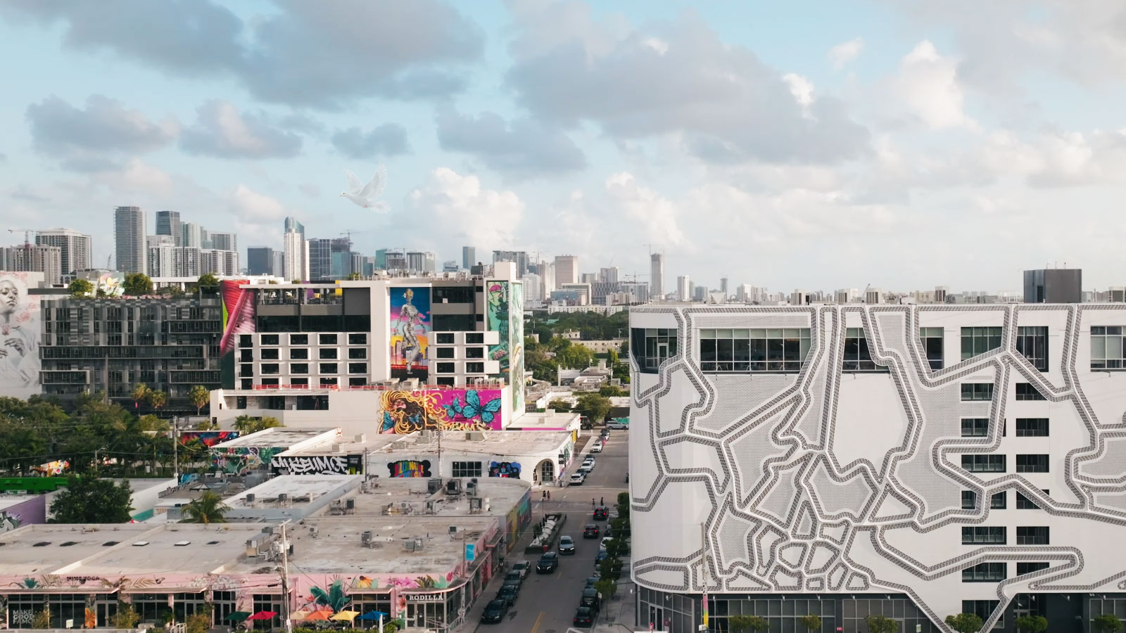 Midtown Miami buildings featuring colorful murals and artwork painted across exterior walls