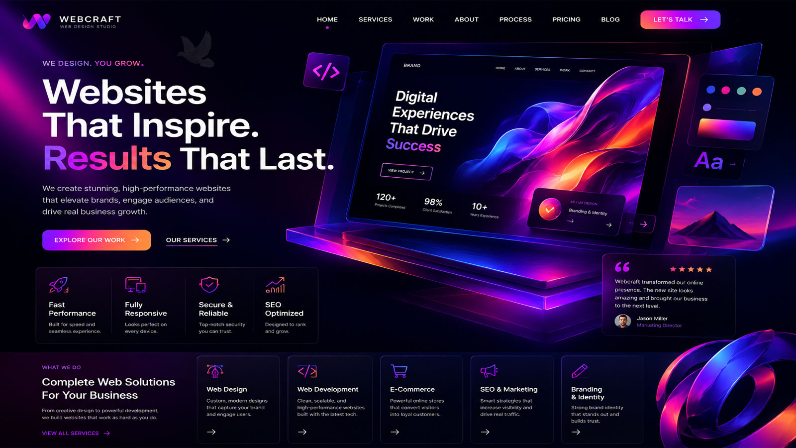 Modern-Website-Design-and-Development-Services Modern website design interface with vibrant neon graphics and web development service elements