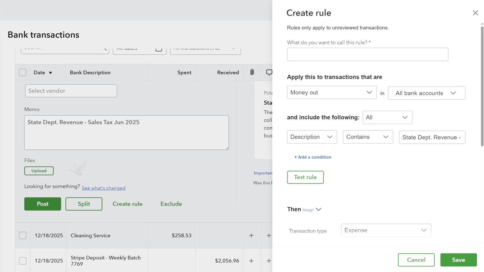 QuickBooks setup process for creating rules to organize bank transactions