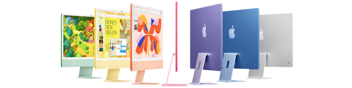 Seven iMac computers in different colors representing iMac repair and upgrade services