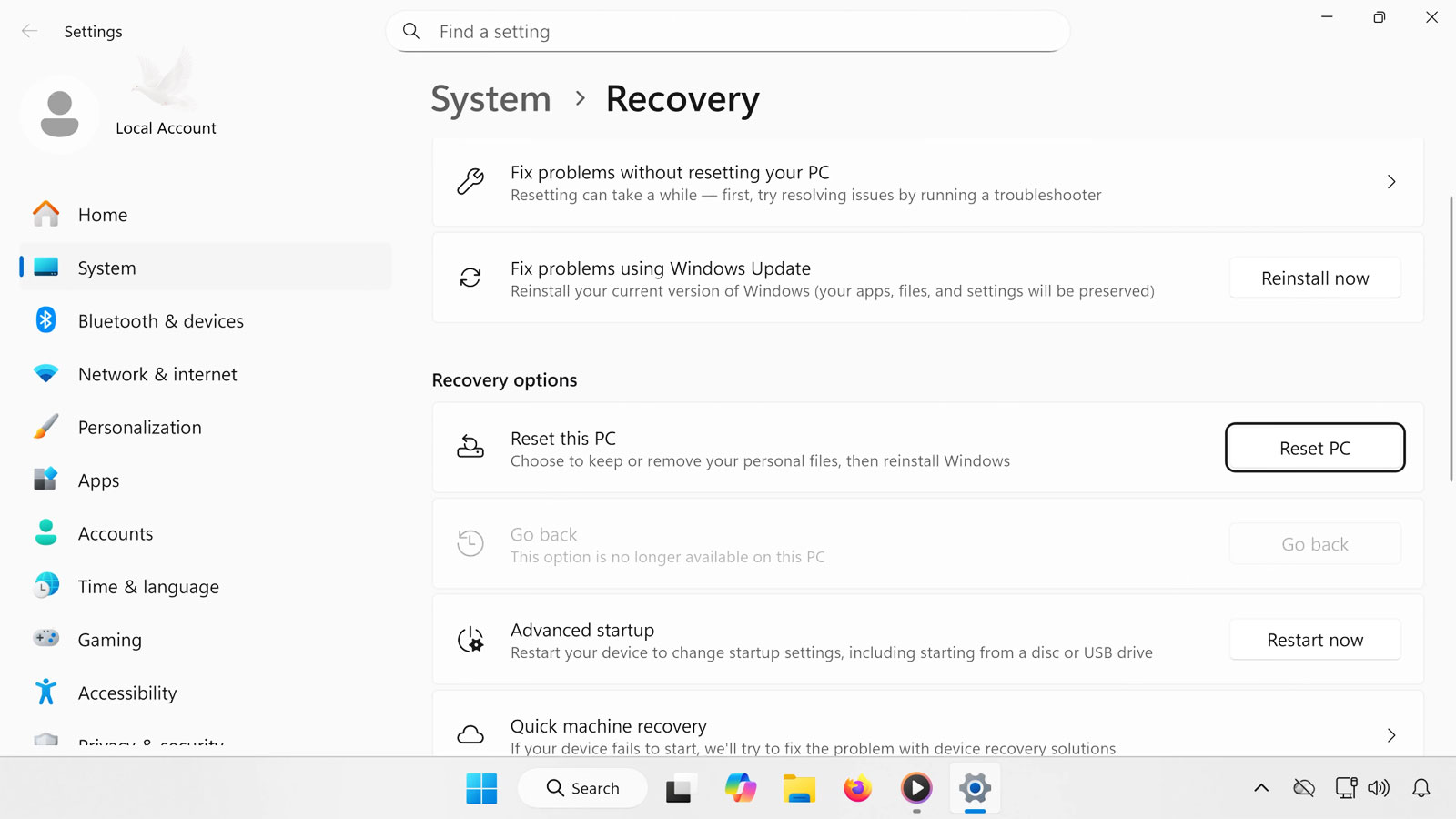 Windows 11 settings and local account configuration on an all-in-one computer