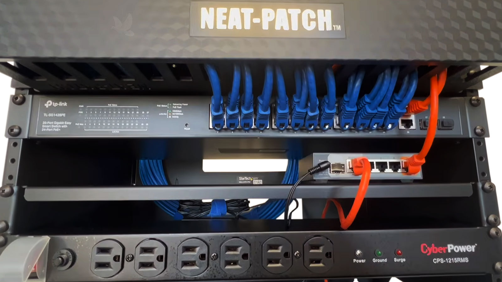 Custom network wiring with TP-Link equipment and rack-mounted surge protection
