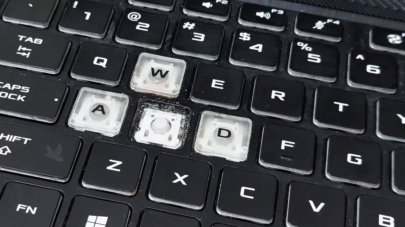 Gaming laptop S key removed with dirt and possible liquid residue visible underneath during keyboard diagnosis