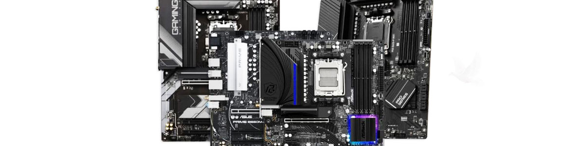 Three high-end computer motherboards displayed side by side