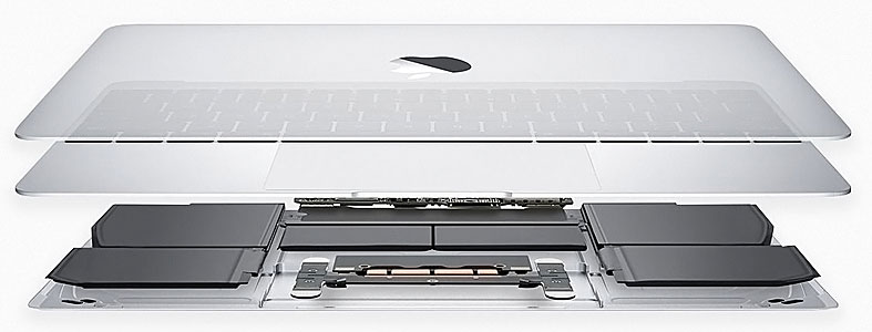 MacBook-Air-Internal-Hardware-Diagnostic-View MacBook Air shown in separated layers exposing the logic board, keyboard, trackpad, and display assembly