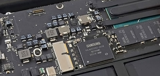 New SSD installed inside a MacBook Air during hard drive replacement