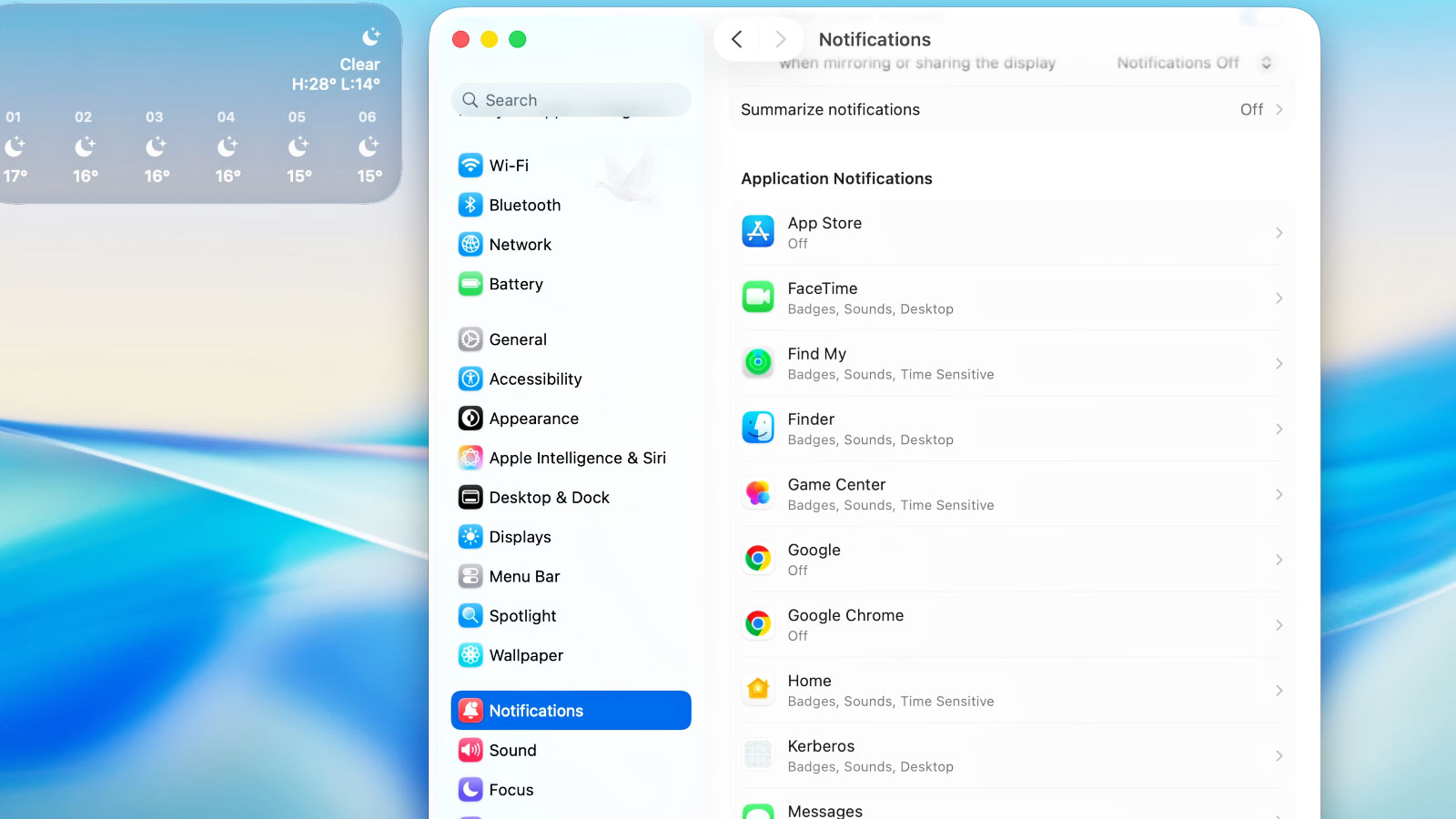 MacBook Air software configuration with Notifications open in System Settings