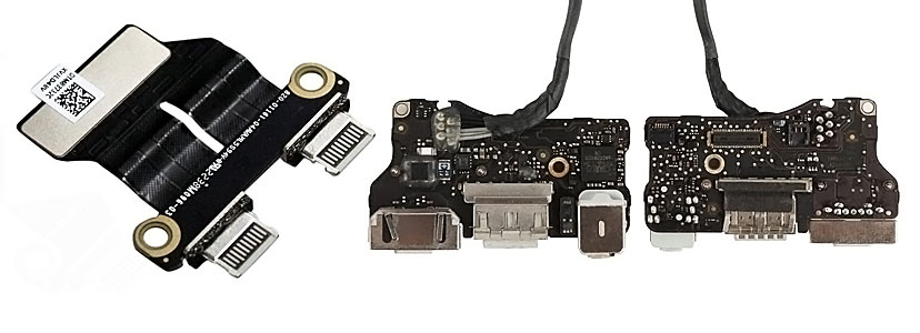 Newer MacBook Air USB-C charging port and older MagSafe DC jack board shown together