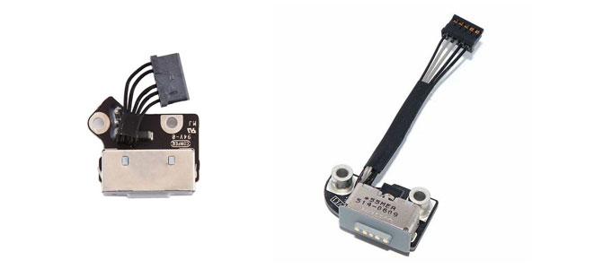Two generations of new MacBook Pro MagSafe DC jack boards ready for replacement