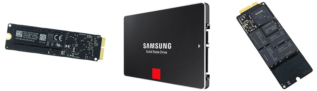 Apple SSDs from different MacBook Pro generations alongside a 2.5-inch Samsung SATA SSD