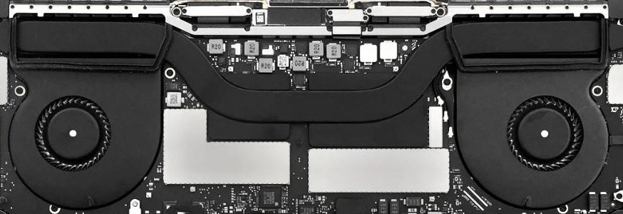 Modern MacBook Pro logic board with SSD storage soldered directly to the board