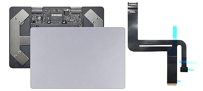 New MacBook Pro trackpad shown from the front and back with flex cable