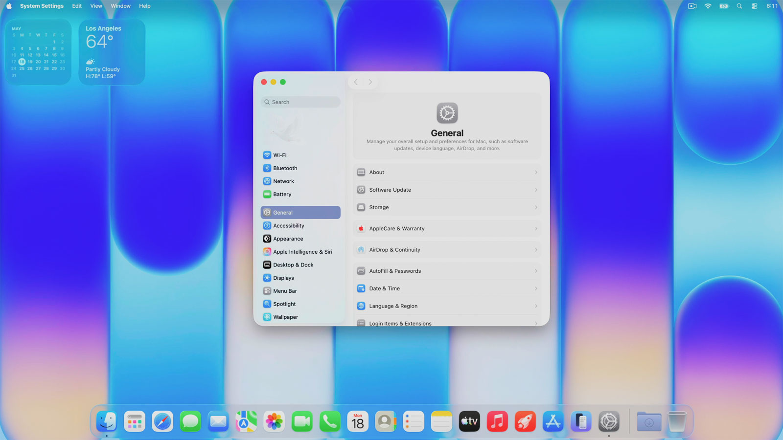 MacBook System Settings open to the General configuration options