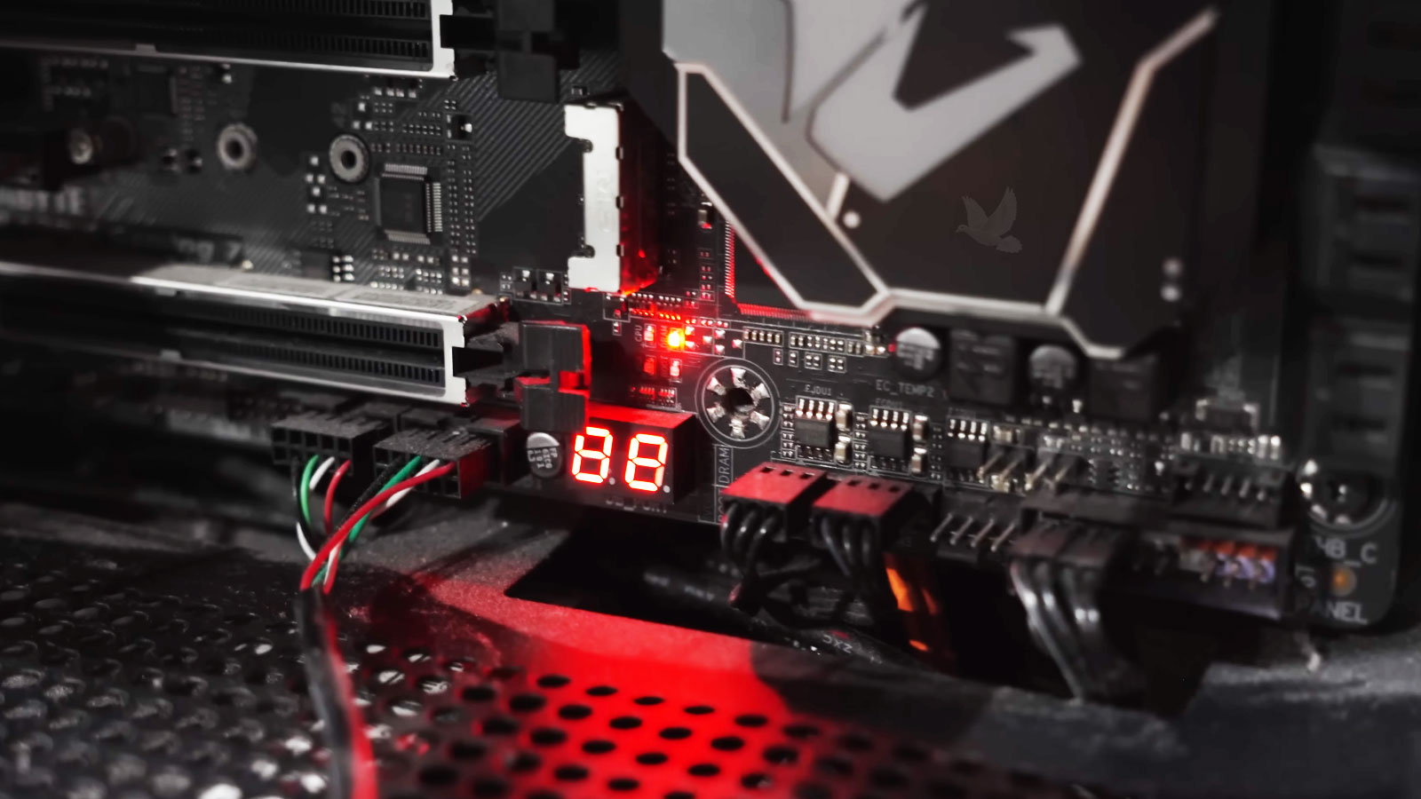 PC motherboard displaying POST codes and diagnostic LEDs while troubleshooting a boot failure