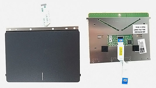 New-Laptop-Trackpad-with-Flex-Cable-and-Mounting-Board New laptop trackpad shown from top and bottom with flex cable, circuit board, and mounting points