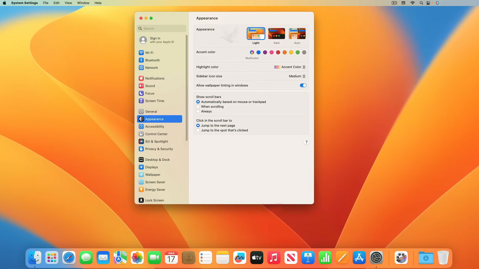 iMac system settings being configured under the macOS Appearance options