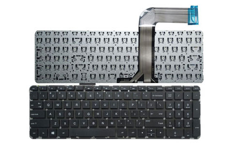 Replacement laptop keyboard showing keys, back panel, and flex cable