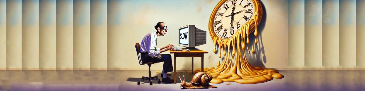 Older man using a slow computer with a melting clock and slug representing poor performance