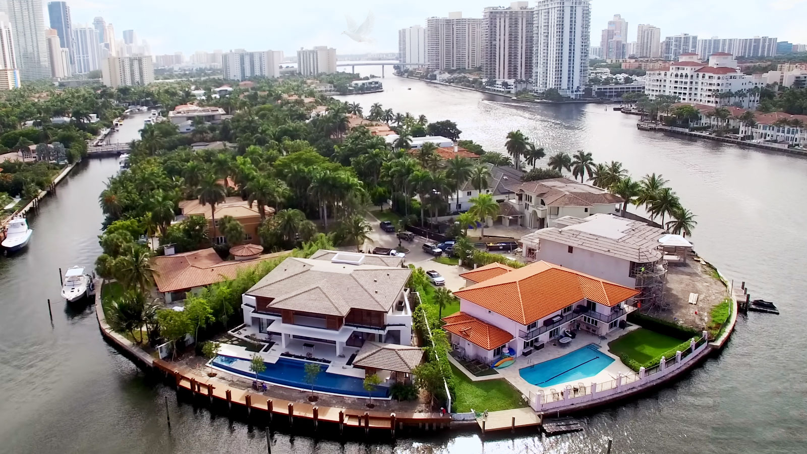 Golden Beach Florida homes surrounded by canals leading toward the ocean