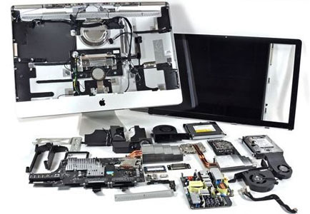 Disassembled iMac with internal components and LCD screen removed for cleaning and maintenance