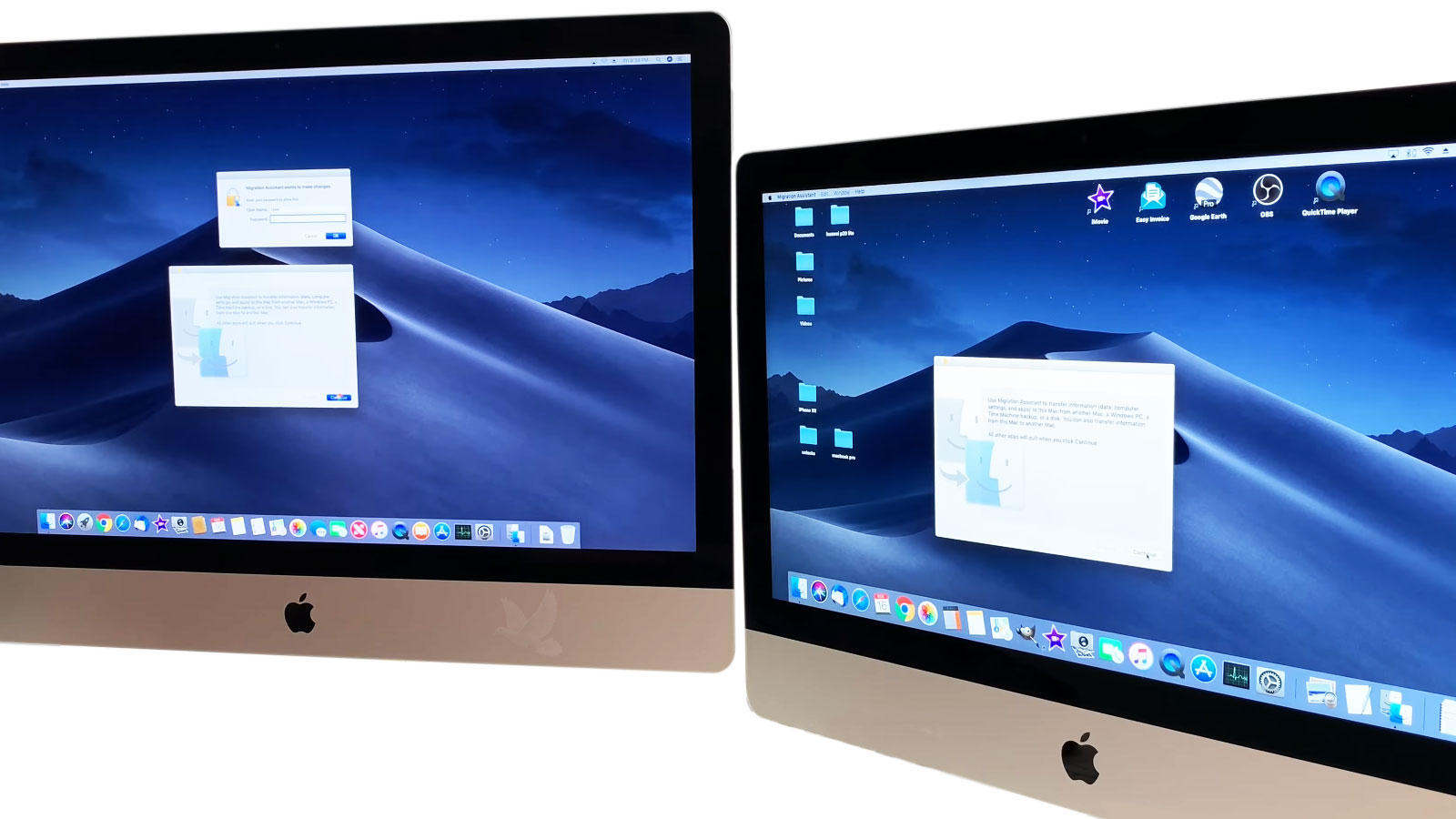 Two iMac computers transferring data using Apple Migration Assistant
