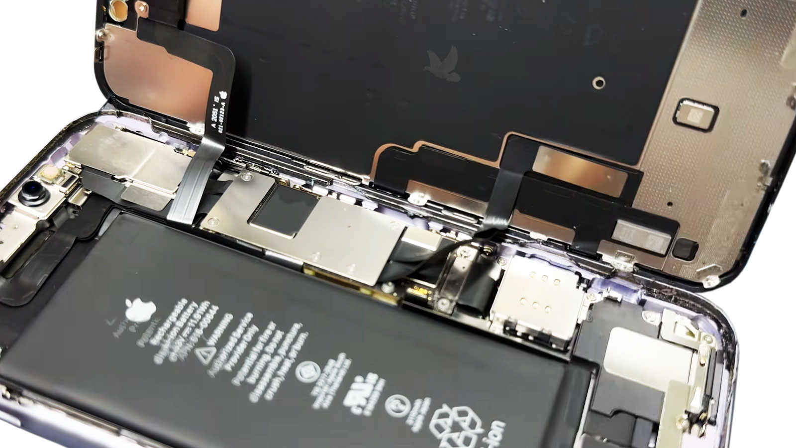 Opened iPhone with display connectors still attached during the beginning of disassembly