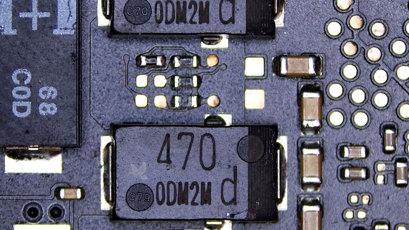 470uF SMD polymer aluminum capacitor C79 identified as shorted for replacement