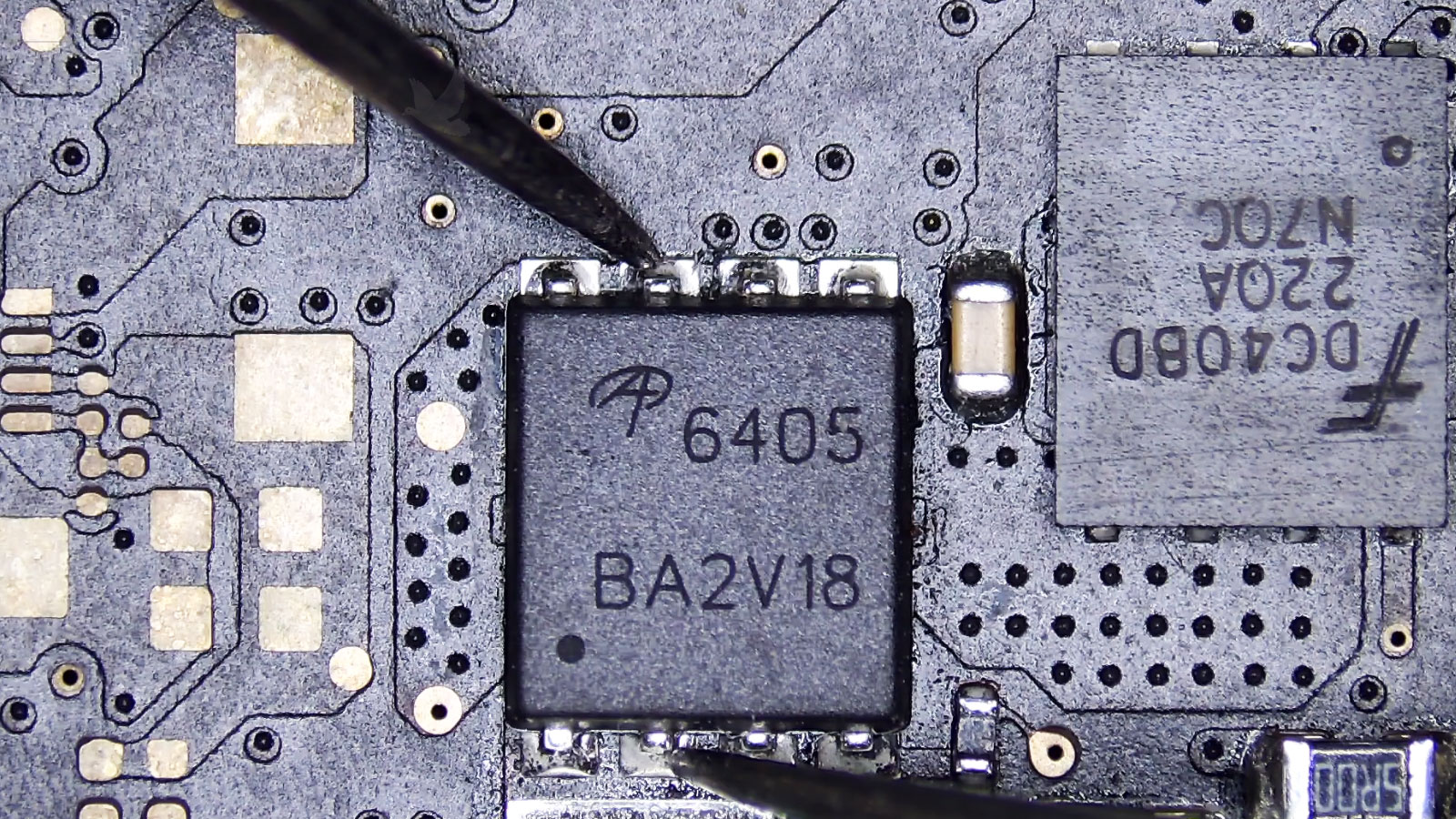 AO6405 P-channel MOSFET being measured from drain to source during fault testing