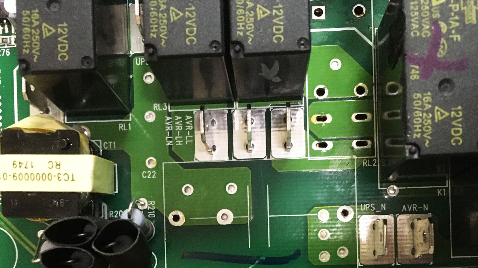 Circuit board section with missing 12-volt rail