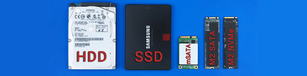 HDD, SSD, mSATA, M.2 SATA, and M.2 NVMe computer storage devices