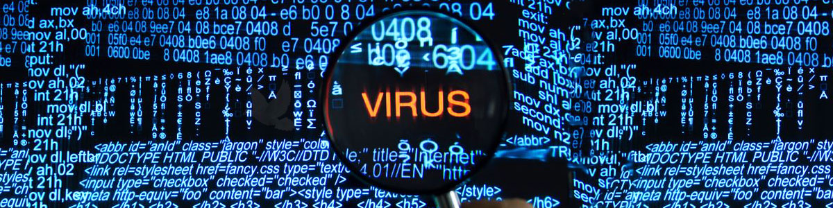 Magnifying glass examining computer code with the word virus highlighted