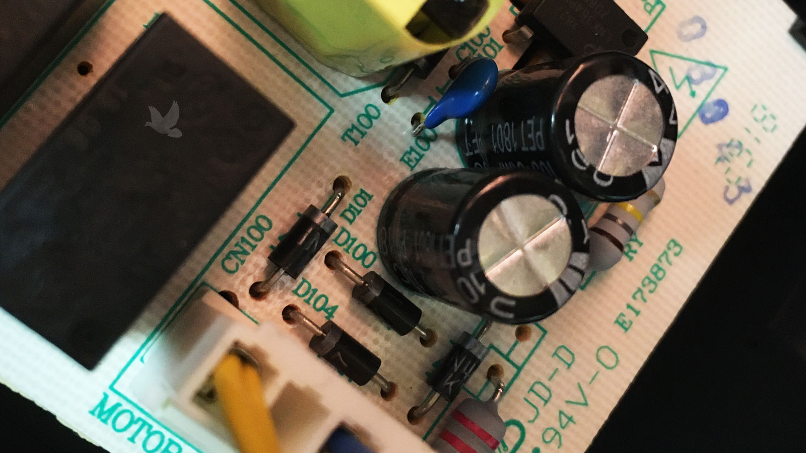 Damaged D100 diode on circuit board requiring replacement