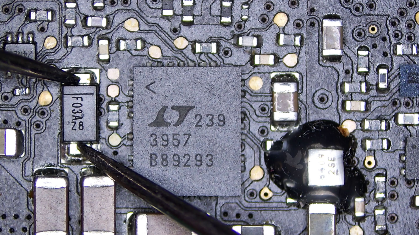 F03A Z8 diode being tested and confirmed damaged on the circuit board