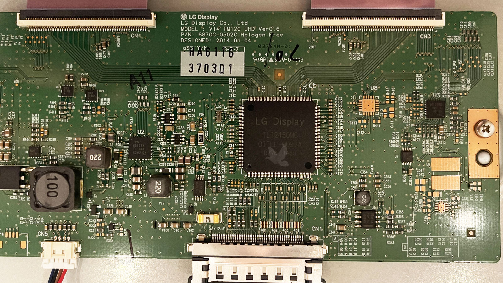 LG display board with shorted CN3 flex cable lines preventing main display chip from turning on