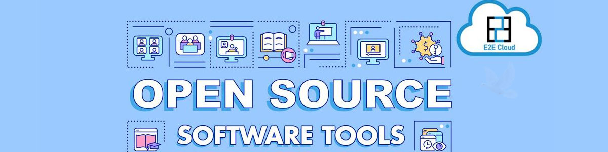 Illustration of open source software tools with computers, online learning, documentation, and virtual collaboration