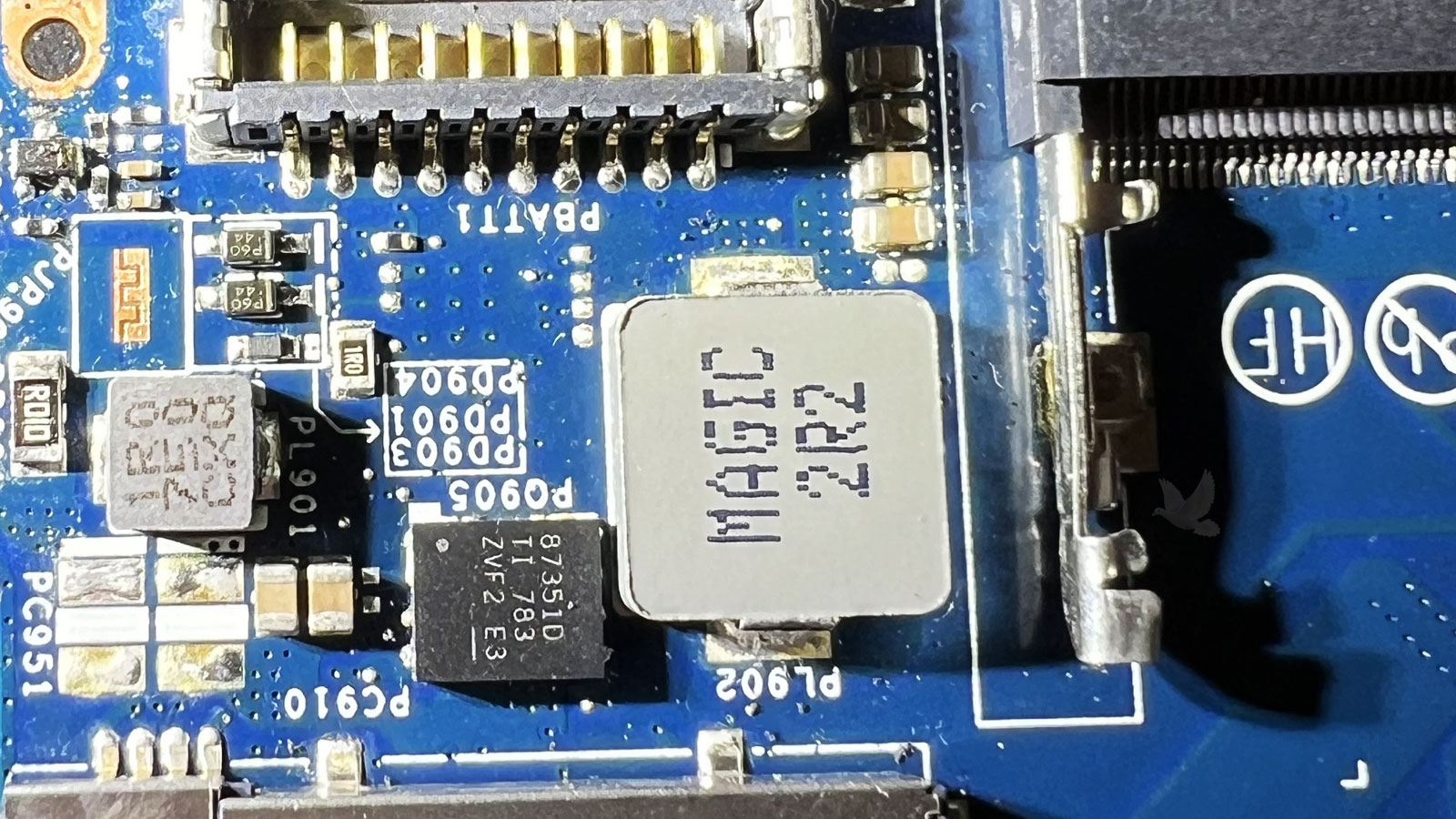 Replaced PQ905 IC beside damaged transistor in computer battery circuit