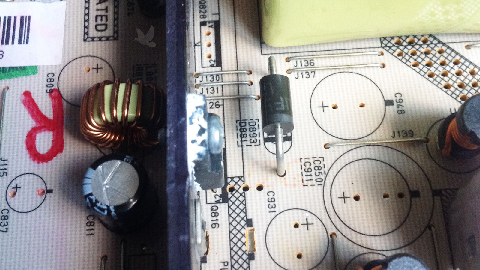 Q816 with fresh thermal paste and newly replaced D893 diode on circuit board