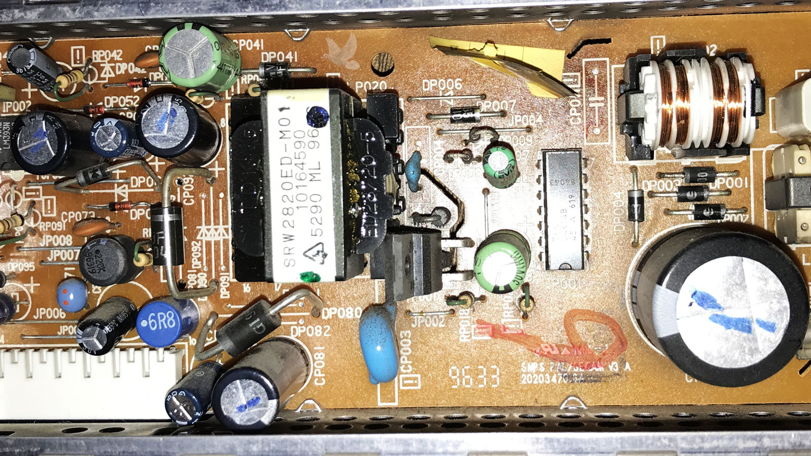 Circuit board showing a shorted DP080 diode identified during diagnostics and requiring replacement.