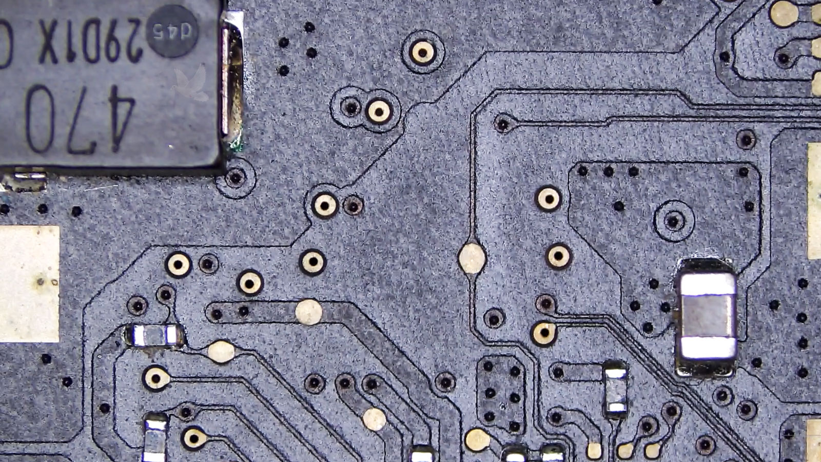 Large SMD capacitor near the bottom right corner of the circuit board confirmed shorted