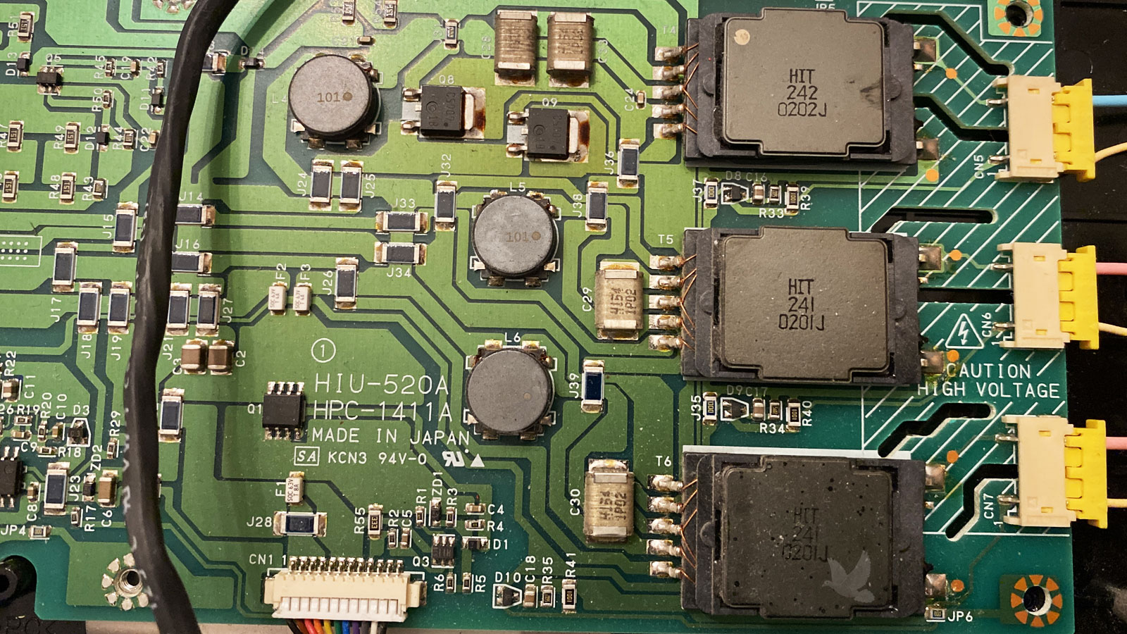 High-voltage backlight circuit board showing transformers T4, T5, and T6, with a shorted C29 capacitor preventing the T6 transformer from operating.